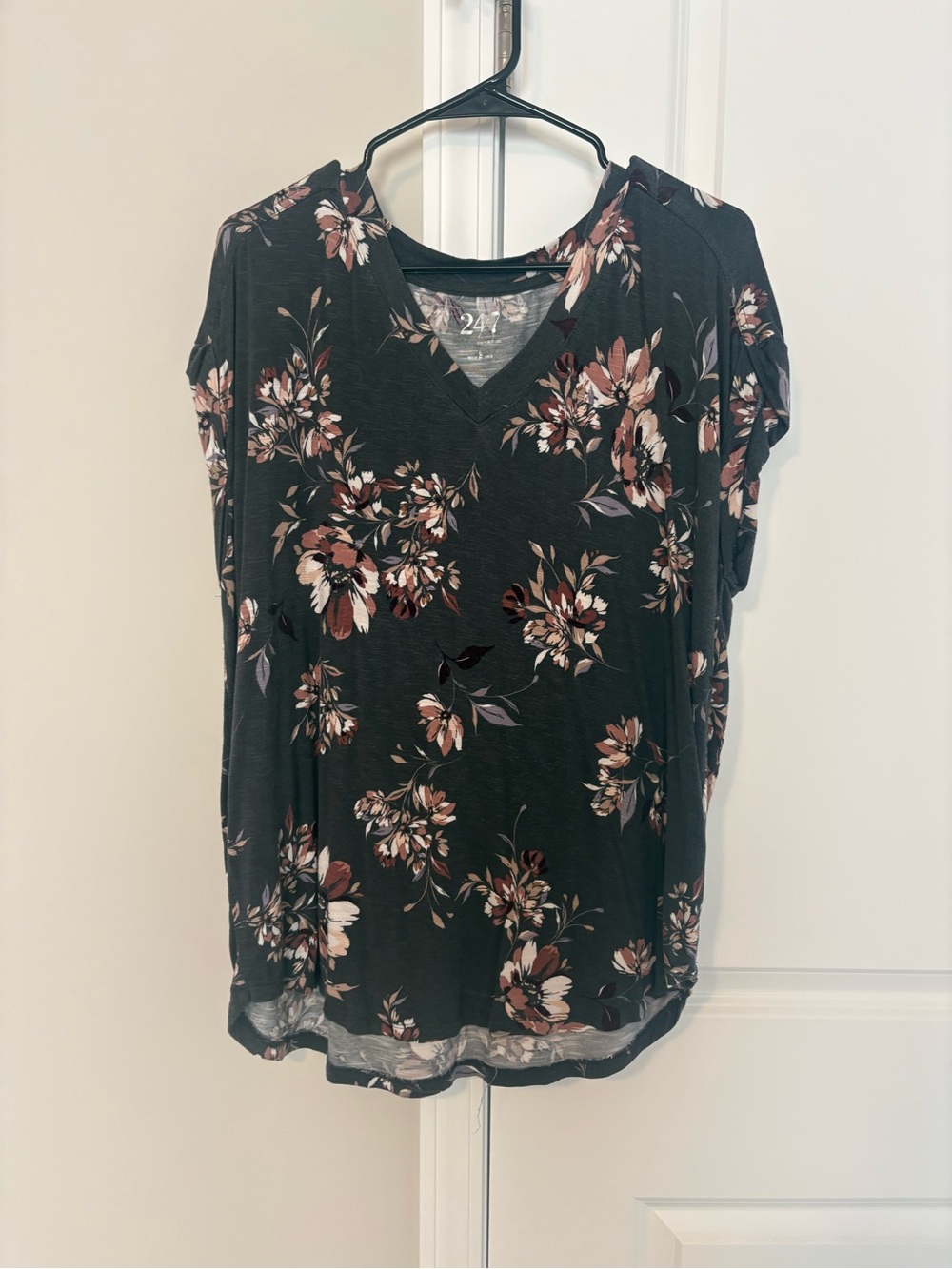 Black Floral V-Neck Blouse with Rose Accents